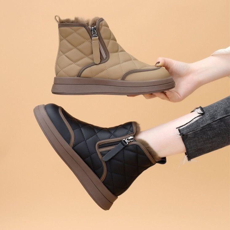 Soft leather snow boots winter new velvet warm thickened cotton shoes waterproof non-slip comfortable short boots