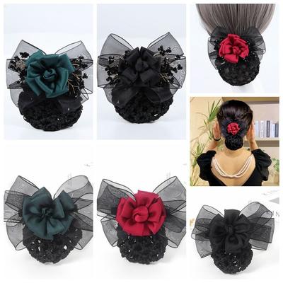 Ponytail Clip Crochet Bun Net Korean Style Bow Hair Net Detachable Flower Snood Spring Clip  Girls