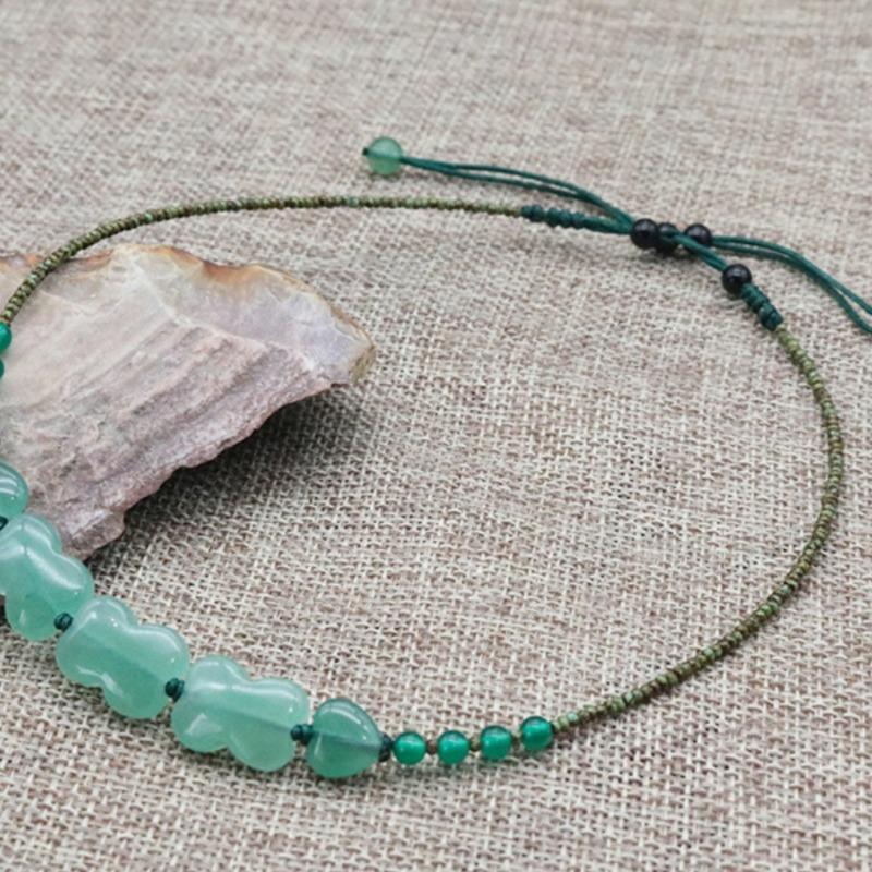 GEMCHIC Women's Ethnic Style Green Aventurine Choker Necklace Natural Stone Adjustable Cord Collarbone Chain Vintage Jewelry