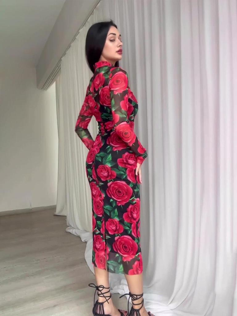 2025 Autumn European Floral Midi Dress In Picture Color