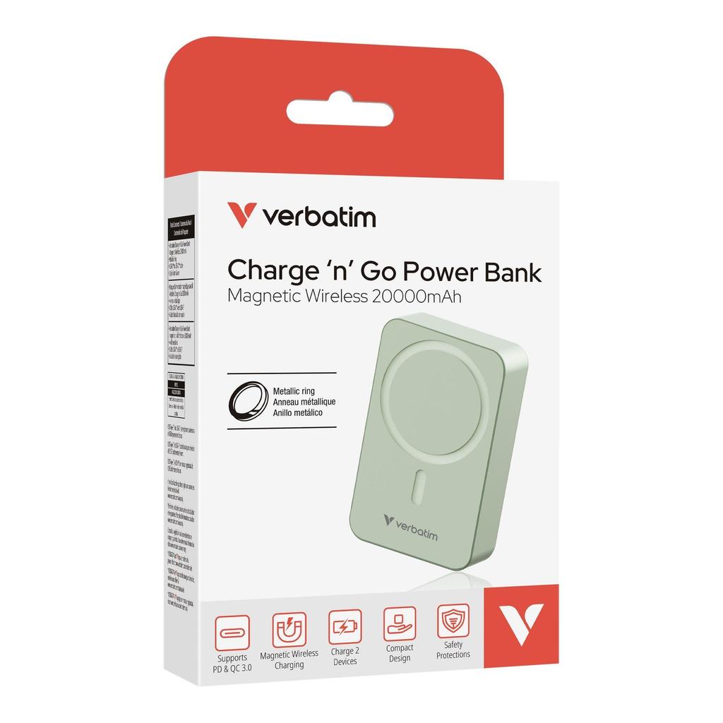 Powerbank Verbatim Charge 'n' Go Essentials Magnetic Wireless 20000mAh USB-C PD 3.0 Green