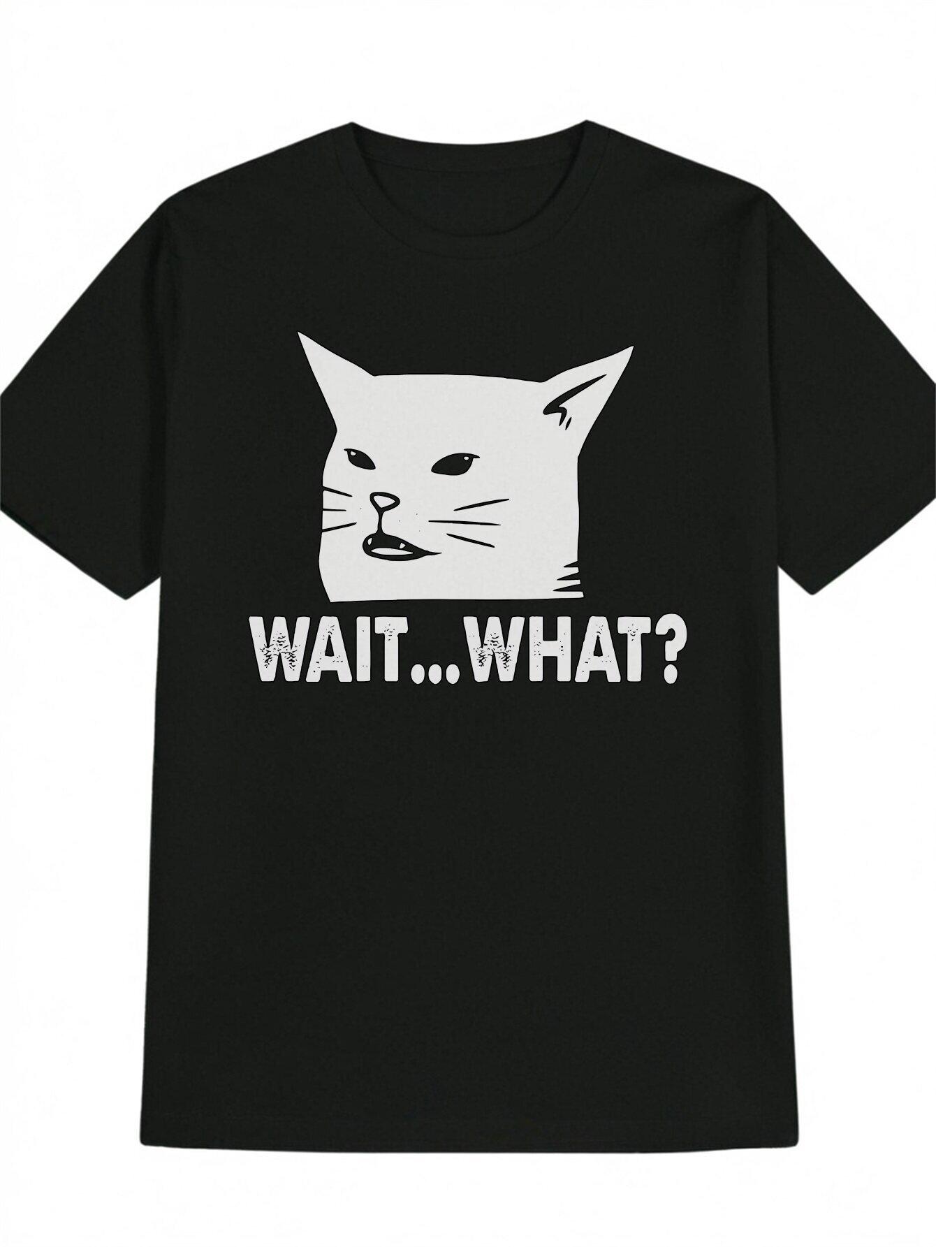 Casual Round Neck T-shirt with Wait... What? Cat Print - Black Polyester XXL