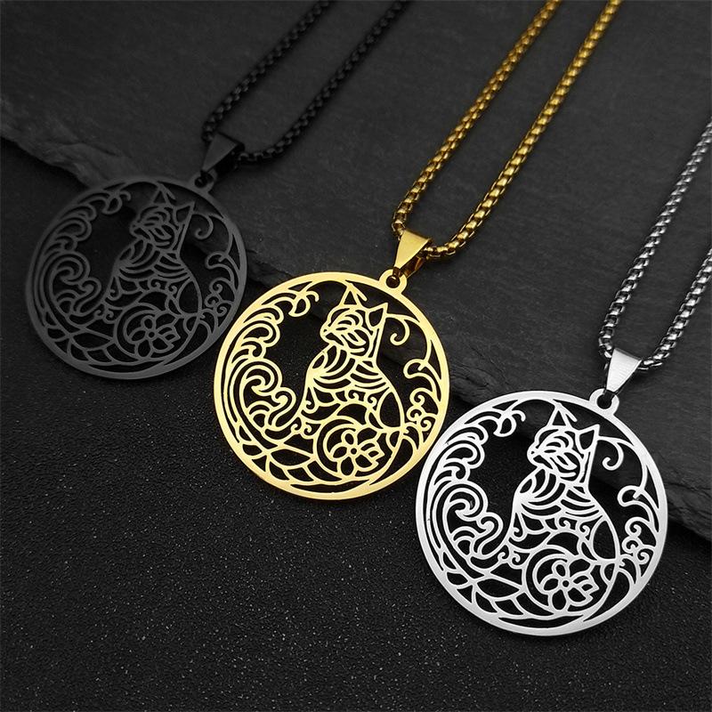 Viking Style Round Cat Pendant Stainless Steel Necklace For Men Hip Hop Sweater Chain Jewelry