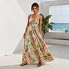 Bohemian Tropical Print Suspender Long Dress European and American Deep V Waist Big Pendulum Holiday Style Dress Goods