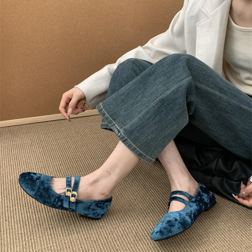 French Retro Velvet Double Buckle Mary Jane Flat Single Shoes Women's 2025 New Niche Versatile Ballet Shoes Grandma Shoes
