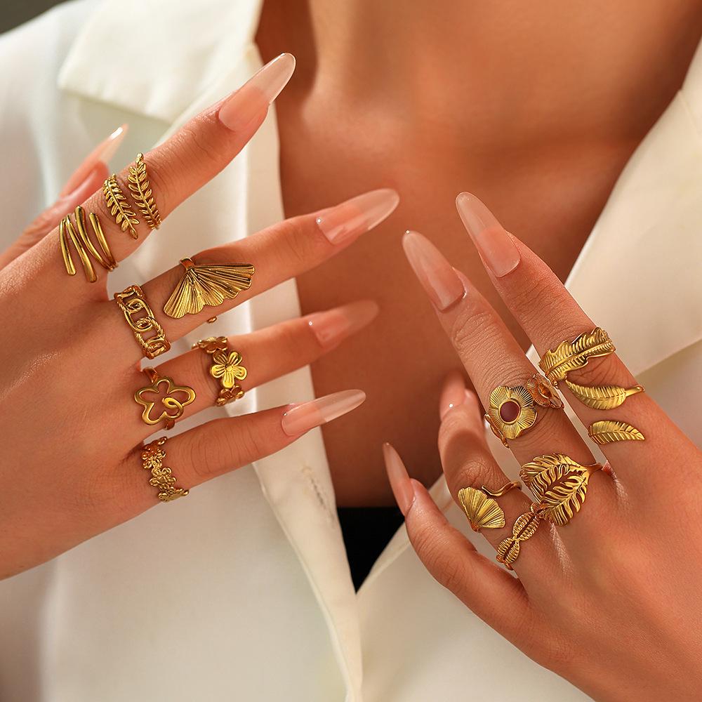 Elegant 18K Gold-Plated Geometric Stainless Steel Ring with Natural Stone, Adjustable for Women