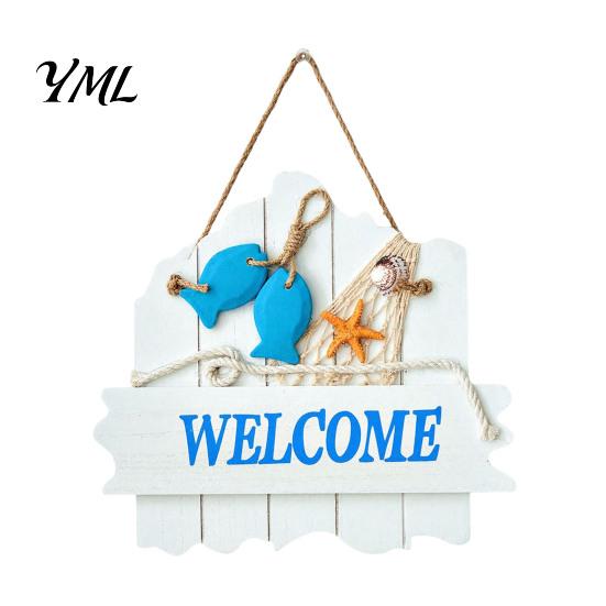 Blue And White Ocean Sign Mediterranean Style Wooden Welcome Sign, Starfish Shells Hanging Nautical Decor Plaque, Decorative Wall Art for Home