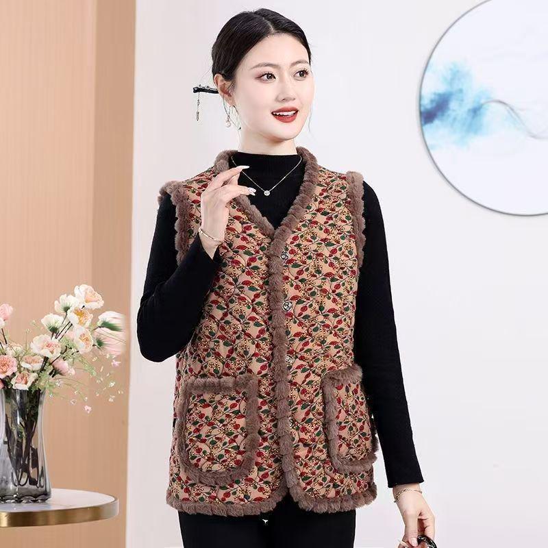 

Camel Floral Fleece-Lined Tassel Vest: Versatile Spring & Autumn Wear for Middle-Aged and Elderly 3XL (90-115 jin)