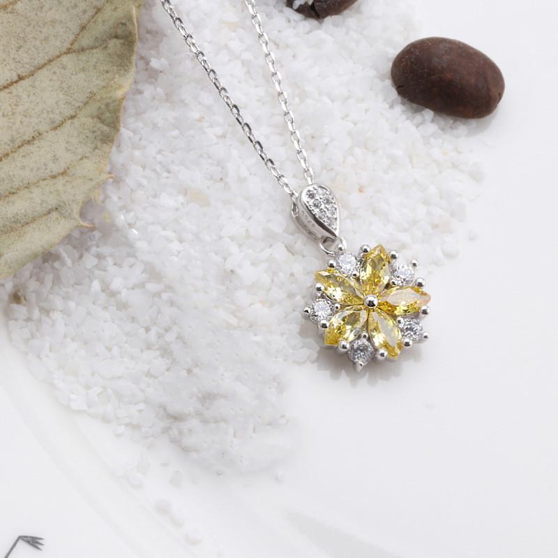 Buyee 925 Sterling Silver Flower Pendant Chain Pink & Yellow Crystal Cherry Blossoms Pendant for Woman Fine Jewelry Chain
