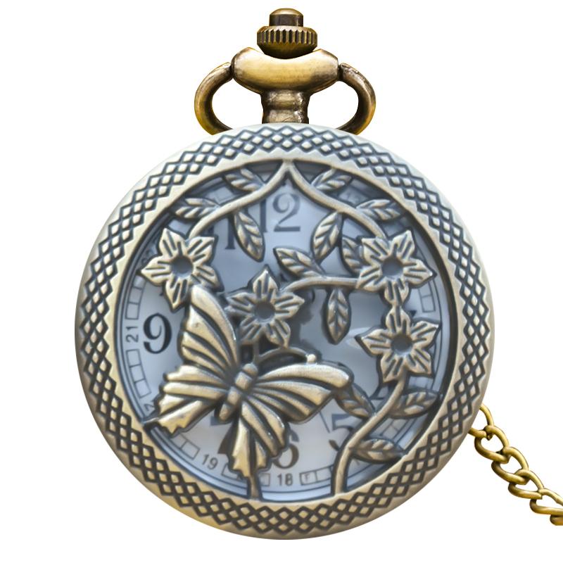 

Vintage Bronze Steampunk Butterfly Cutout Engraving Quartz Pocket Watch Necklace Pendant Clock Chain Men Women Chain Gift бронзовий