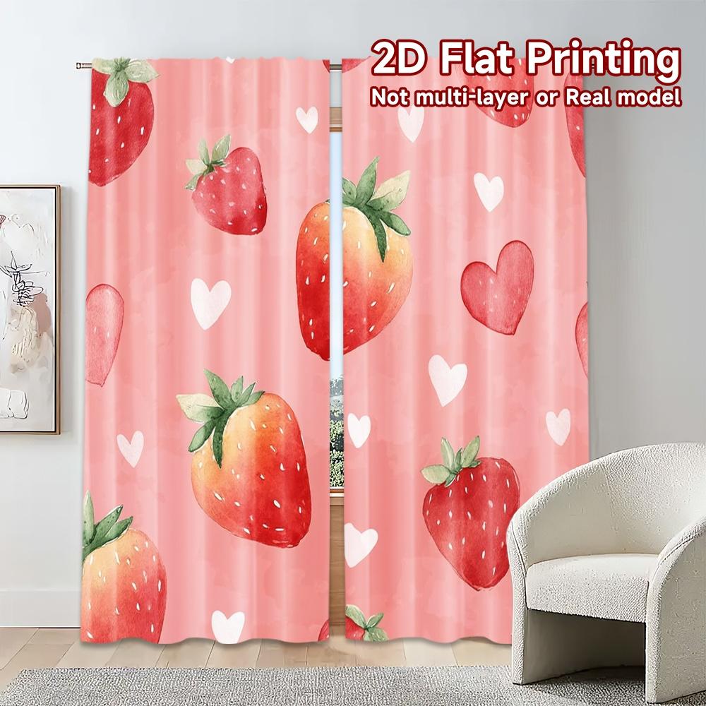 Set Of 2 Flat Printing Curtains Without Rod Strawberry Love Chic Creative Polyester Holiday Perfect Curtain Made