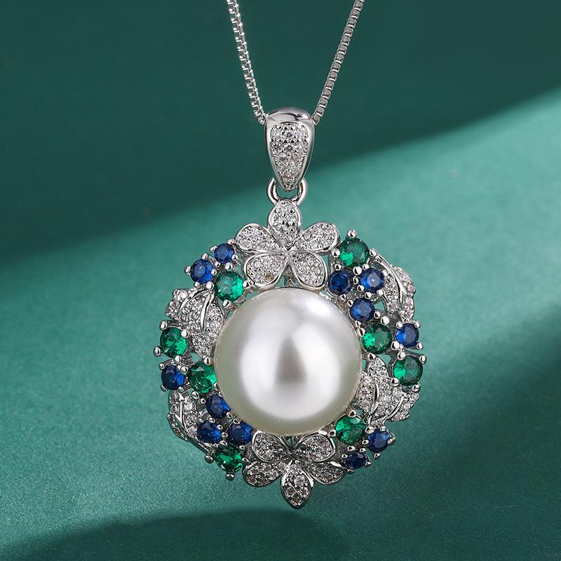 Emerald Sunflower Pearl Ring Earrings Inlaid with Premium Beads 14mm Pearl Necklace Stud Earrings Jewelry Set