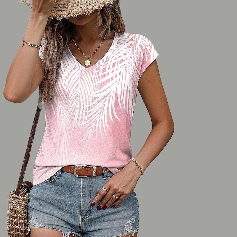 Damen V-Ausschnitt Kurzarm Floral Collection Bedrucktes Oberteil Lockeres T-Shirt Freizeithemd