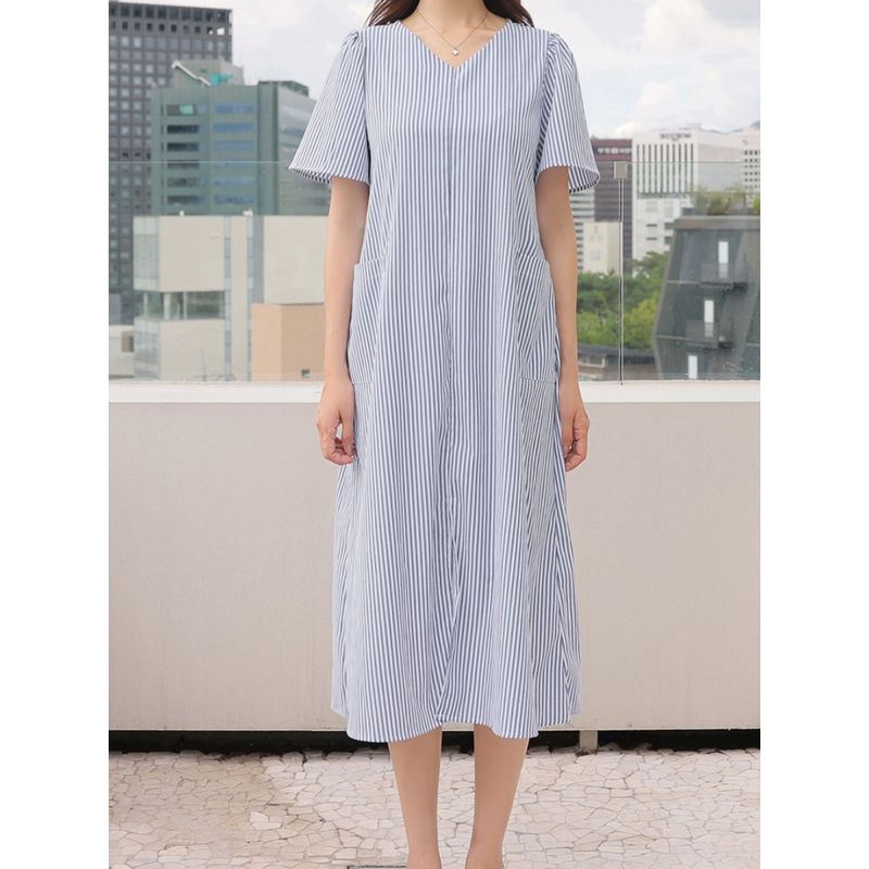 Korean Style Plus size women clothing Fat Sister Summer V-neck Stripe Pullover Front Slit Mid-Length Short sleeve Dress L-4XL