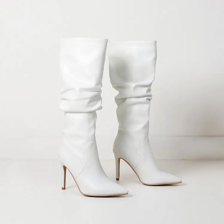 New Black Brown Pleated Lazy Long Boots European American Style 10cm High-heeled Pointed Autumn Winter Women Knee High Boots 43