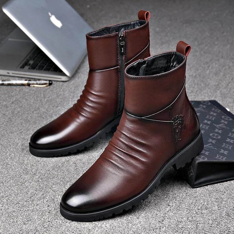 Genuine Leather Men Boots High Quality Cowhide Leather Boots Fashion High Top Motorcycle Boot Men'S Business Casual Dress Boots