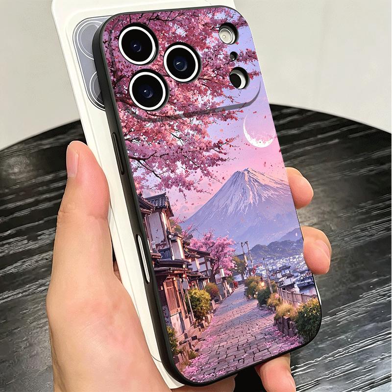 Japanese Pink Cherry Mount Fuji Soft Phone Case for iPhone 16 16E 17 Air 15 Pro Max 14 Plus 13 Mini 11 12 7 Black Cover Back She
