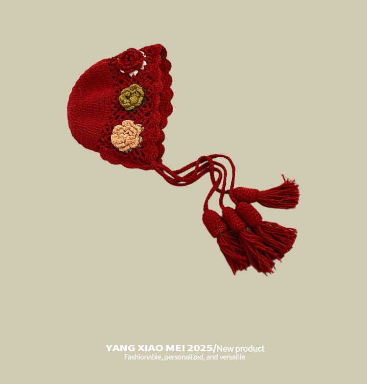 Women's Hand-Knitted Wool Hat with 3D Flowers and Tassels - Ethnic Style Ear Protection for Autumn/Winter Warmth.