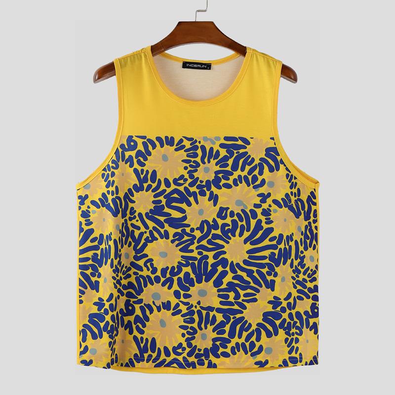 

INCERUN Мужские майки без рукавов с цветочным принтом, повседневные, свободные 5XL жёлтый