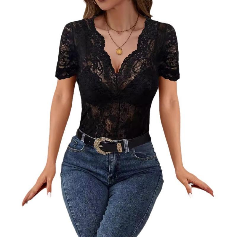 Summer New Women's Elegant V-neck Solid Color Lace Sexy Slim Slim T-shirt Top