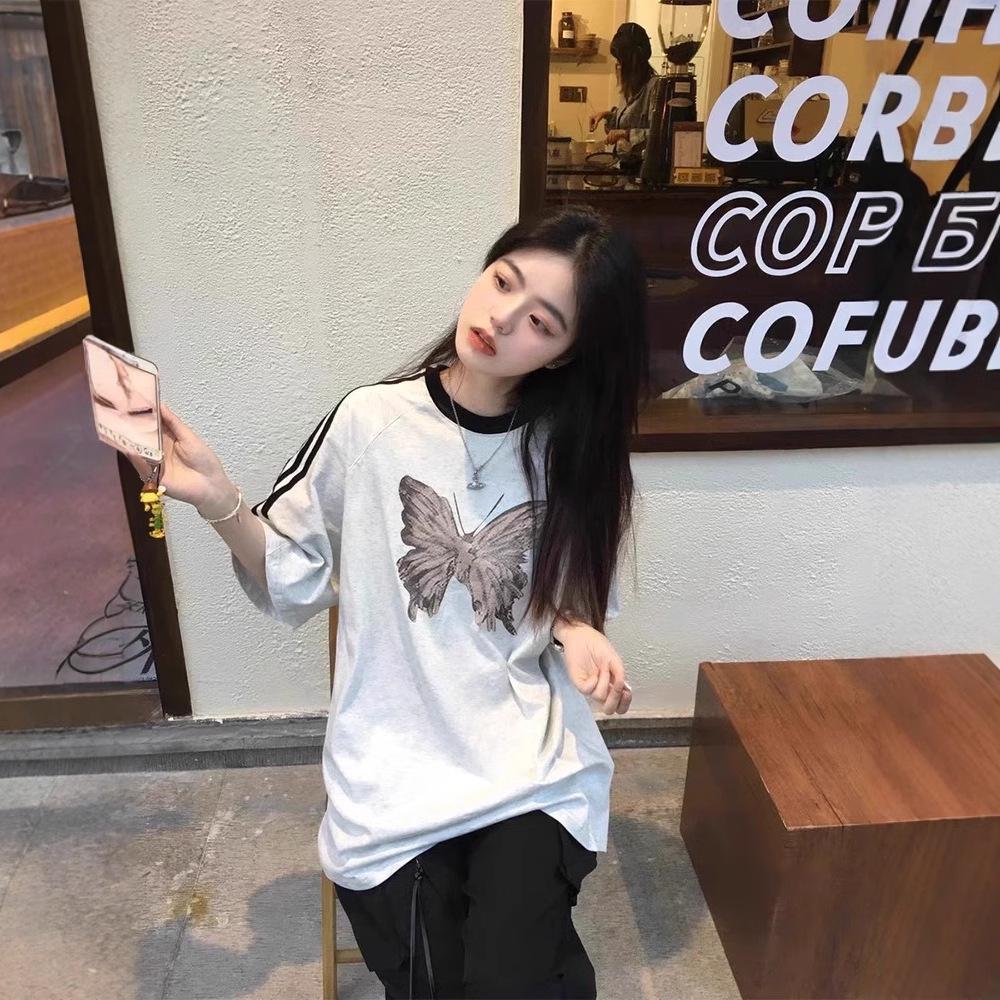 Gray Butterfly Print Women's Cotton Loose Half Sleeve Summer T-Shirt 2025