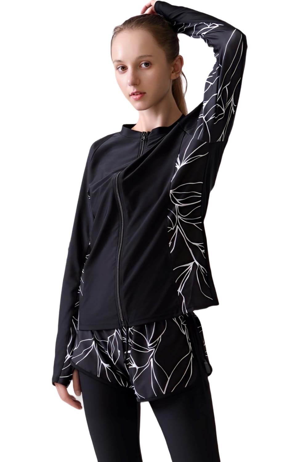 

Купальник женский танкини с защитой от УФ-лучей, черный x элегантный [под наблюдением дерматолога], закрытый, для фитнеса, рашгард, набор из 5 предметов, UPF50+, 100%