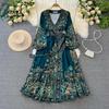 New Light Luxury Green Flower Wrap Dresses Women V-neck Lantern Sleeve High Waist Lace-up Vintage High End Court Long Dress