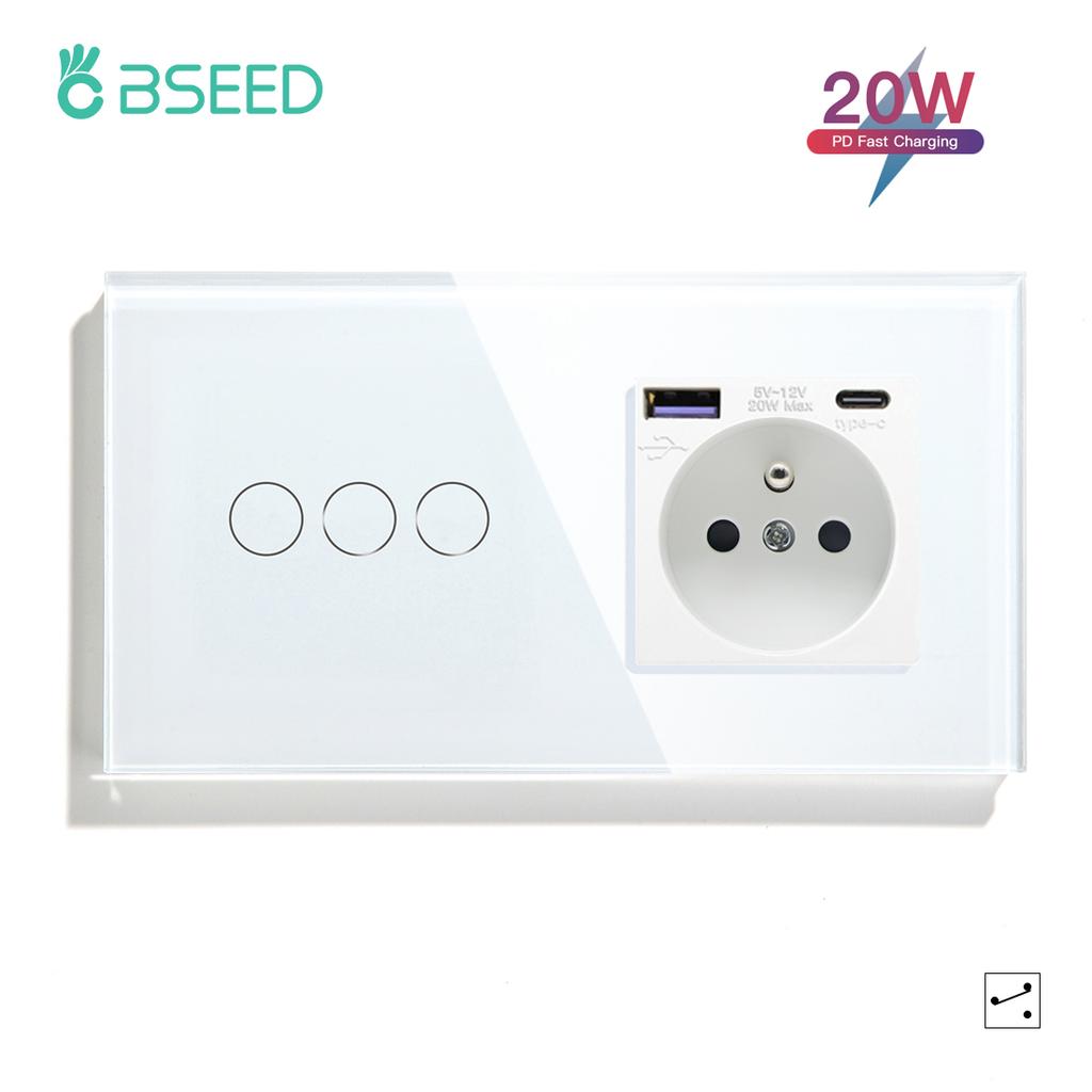 BSEED 1/2/3Gang Touch Light Switches 1/2/3Way Pass Through For Stair Plus French Standard Wall Sockets USB Type-c Charging Ports