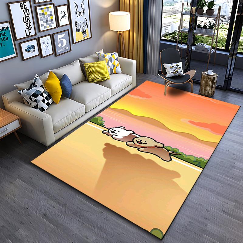 Cute Cartoon Dogs Running Sunset Scene Decorative Living Room Carpet Suitable for Use As an Anti-slip for Living Room Bedroom Sofas