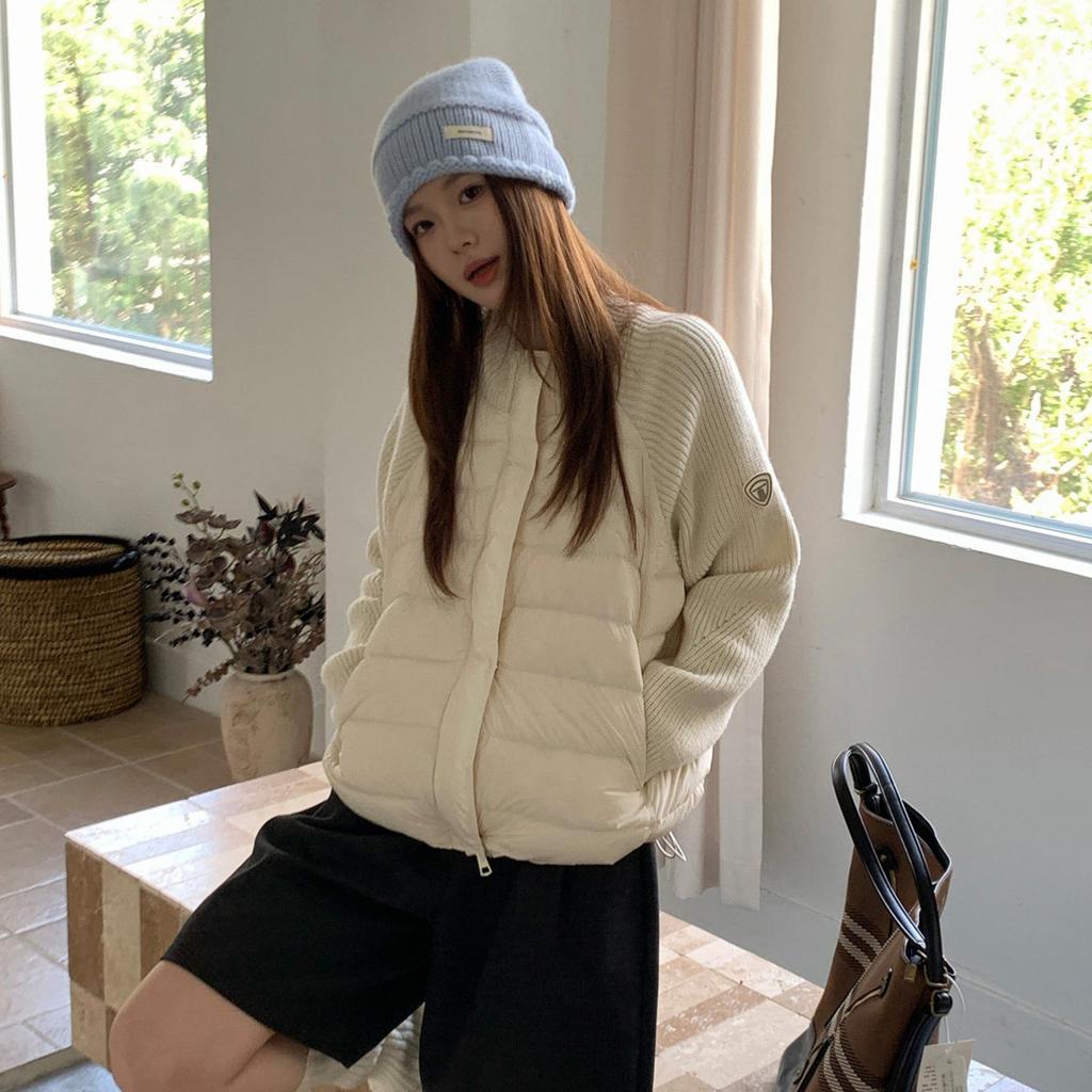 Knitted splicing stand-up collar down jacket women's winter short white duck down small fashionable loose warm jacket