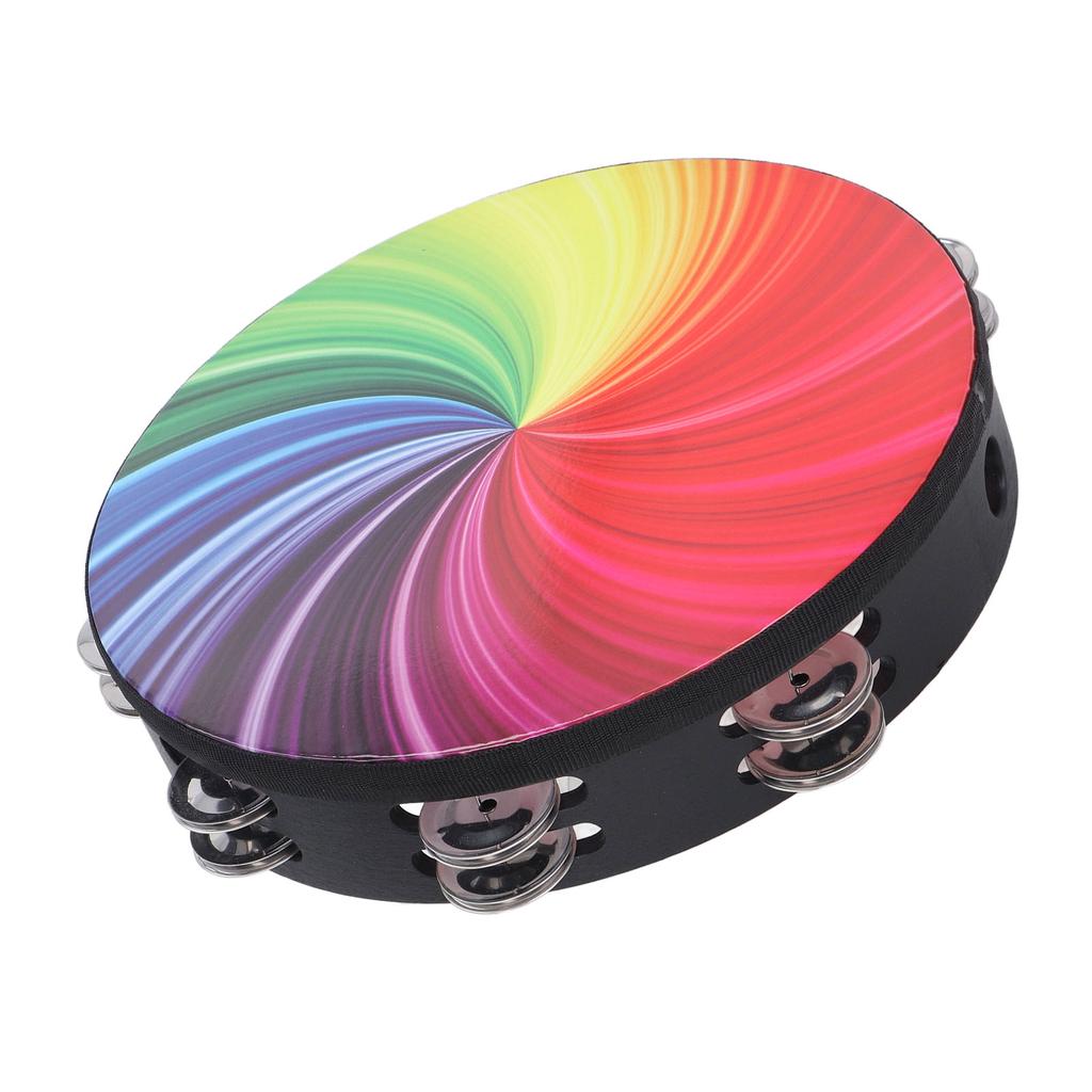 Handheld Tambourine 10 Inch Double Layer Bell Piece Solid Wood and PET Hand Held Drum Colorful