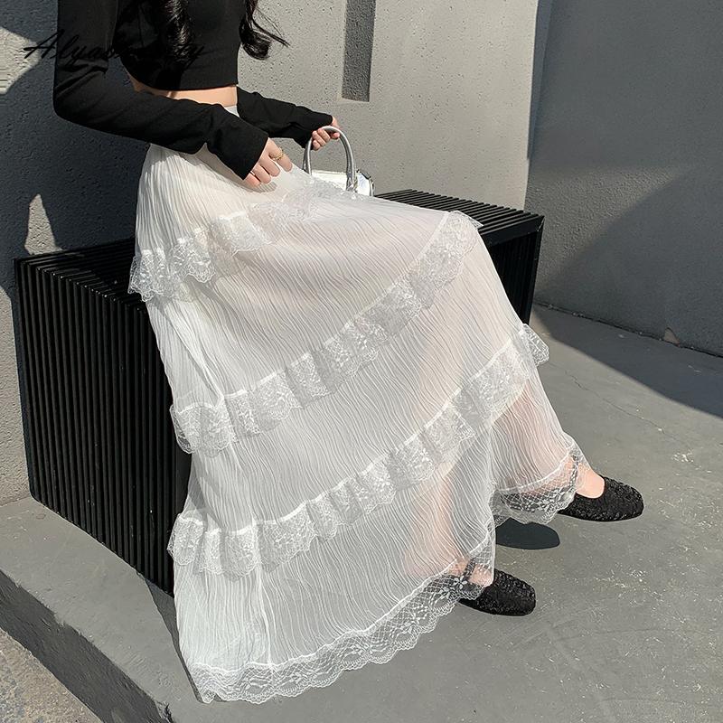 2025 jaro léto ženy maxi dlouhá bílá sukně s vysokým pasem vrstvené volánky princezna sukně sladké romantické dámské krajkové sukně