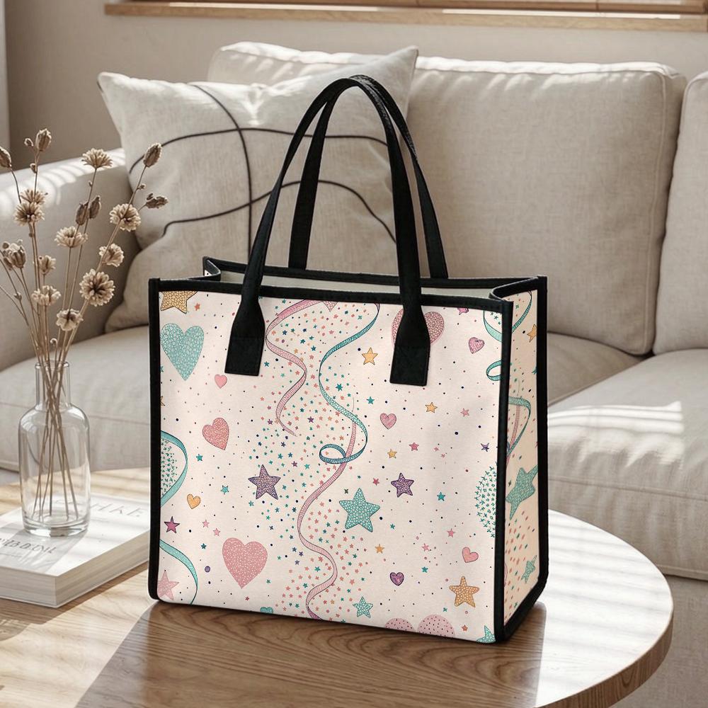 Cute Heart Star Pattern Tote Bag Casual Daily Shoulder Handbag for Women Girls Lightweight Portable Shopping Hand Bag