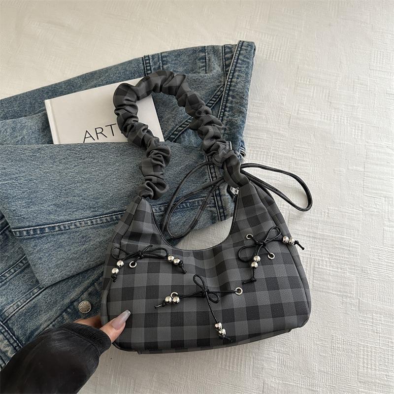 Складчатая сумка-облако с бантом в клетку, женская маленькая свежая новая сумка на плечо подмышку, повседневная сумка-мессенджер чёрный