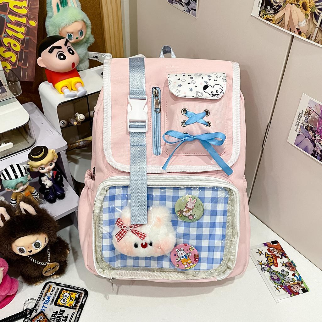 Designed Backpack Minimally With Grid Print And Bow Decoration For Daily