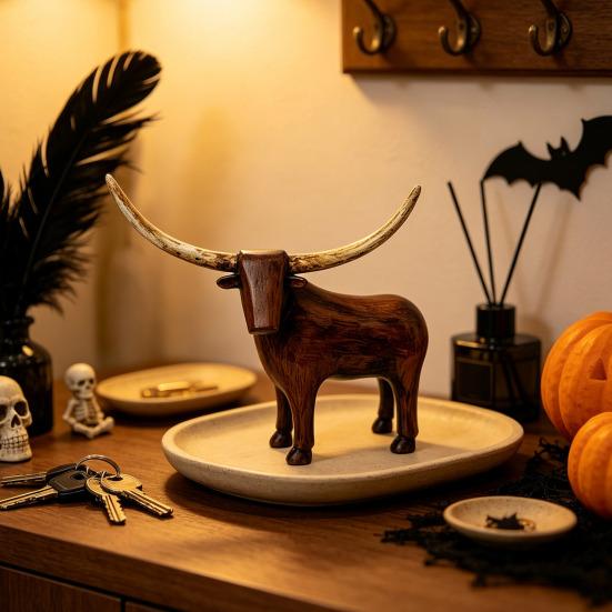 Neutral Retro Living Room Decor Vintage Longhorn Bull Sculpture, Rustic Farmhouse Animal Figurine, Western Style Pastoral Shelf Display Decorative