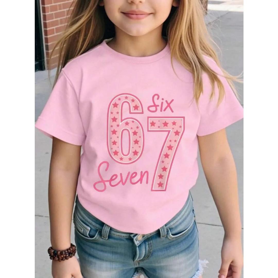 

Children s printed short-sleeved round neck T-shirt for girls, casual wear, comfortable children s clothing, girls apparel 160