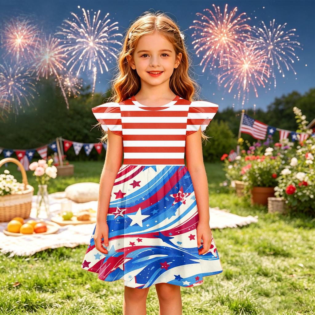 Girls' Summer Princess Dress - A-Line T-Shirt Dress Independence Day