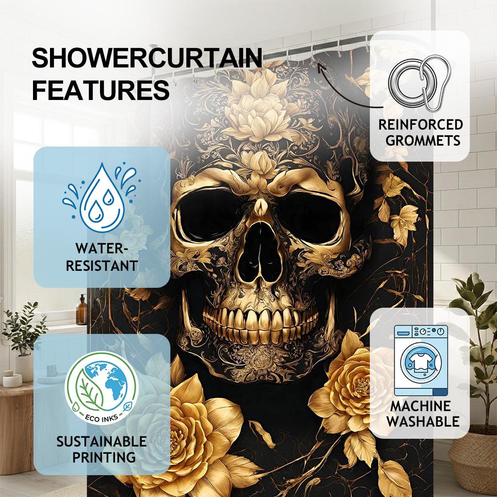 Luxury Gold Skull And Rose Shower Curtain, Black Gothic Floral Bathroom Decor, Baroque Filigree Art Fabric Bathroom Curtain