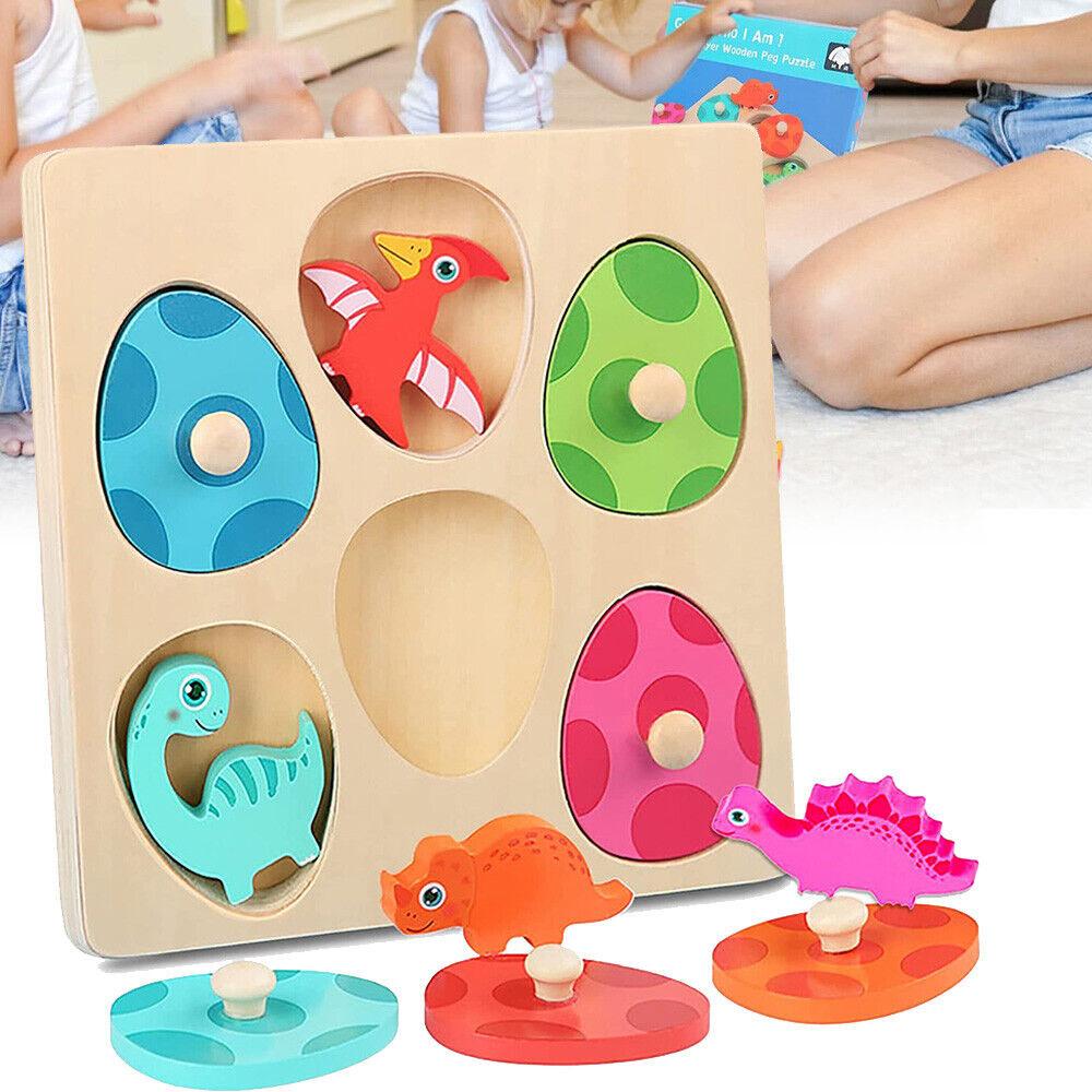 Dinosaurier-Puzzle aus Holz, Montessori-Steckpuzzle, Spiel für Kinder und Kleinkinder, 3D-Holz, frühes Lernen, pädagogisches Spielzeug als Geschenk