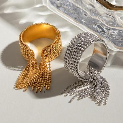 Wondershare High-End Stainless Steel Beaded Tassel Ring for Women - European & American Style Jewelry