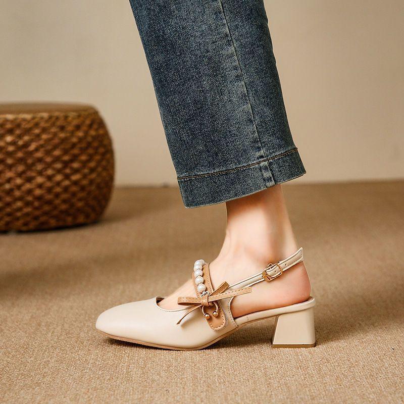 Baotou sandals children's new spring women's niche pearl bow with skirt French evening high heels