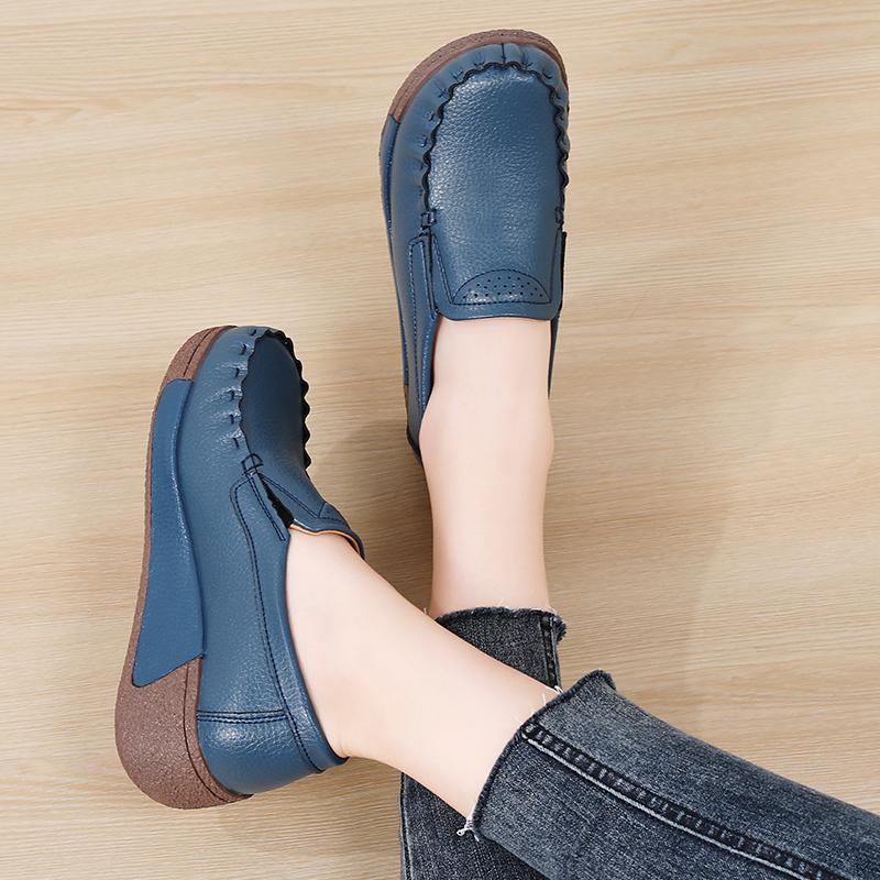 Retro Women Platform Shoes Leather Wedges Slip-on Loafers Anti-slip Walking Casual Footwear for Working Traveling