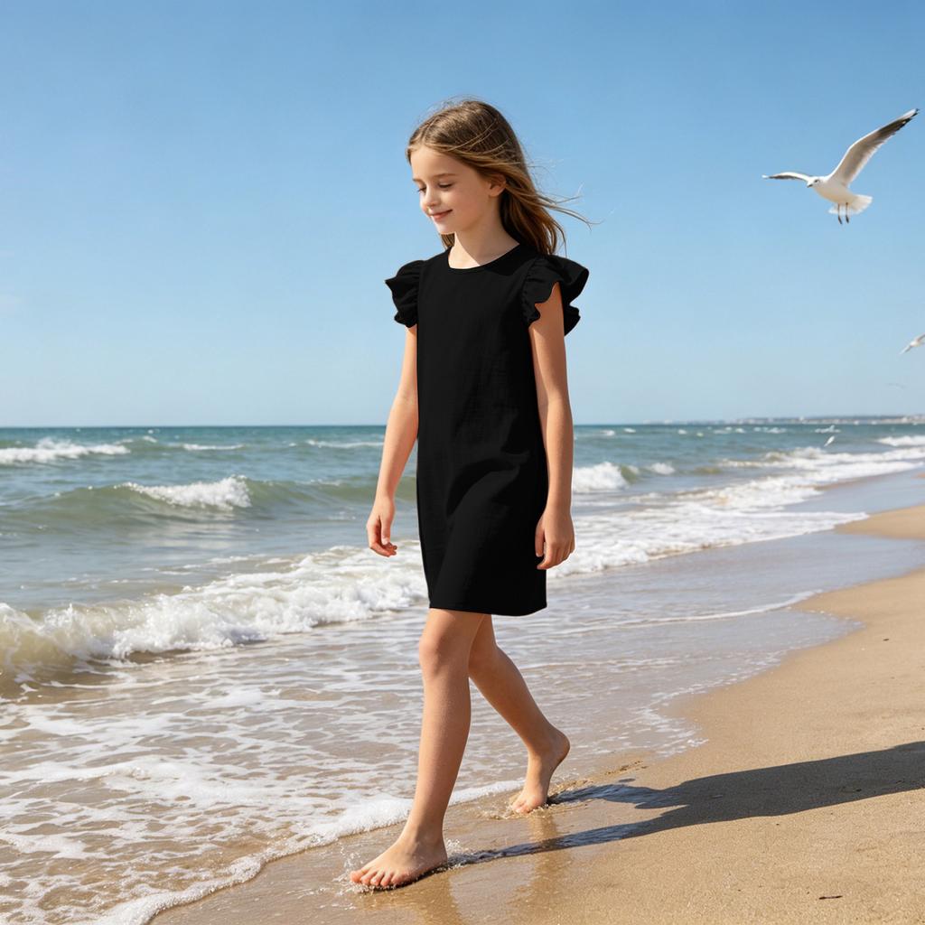Girls Ruffle Sleeve Casual Dress Crew Neck Soft Fabric Comfortable Fit Simple Design for Everyday Wear