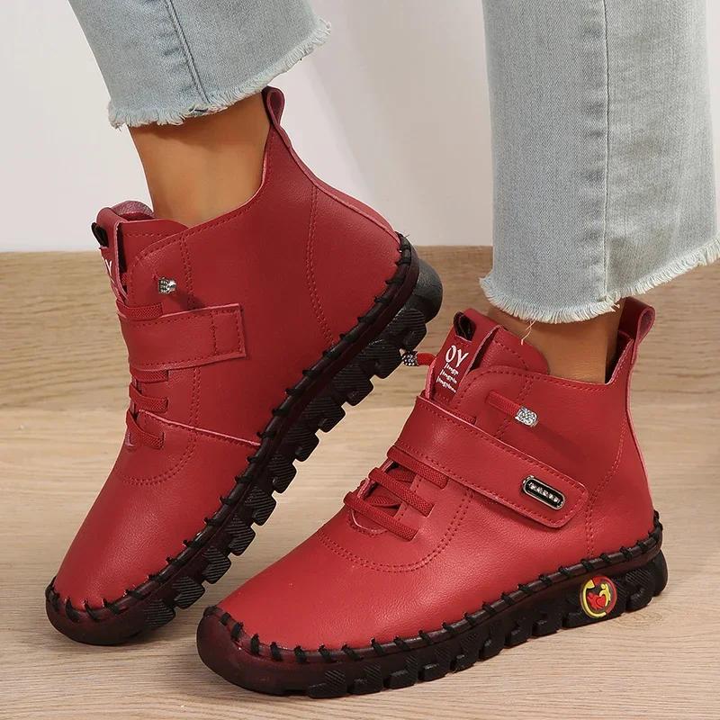 Fashion Brown PU Leather Flat Ankle Boots for Women 2024 Trend Lace Up High Top Sneakers Woman Comfy Soft Sole Casual Shoes Botas Mujer