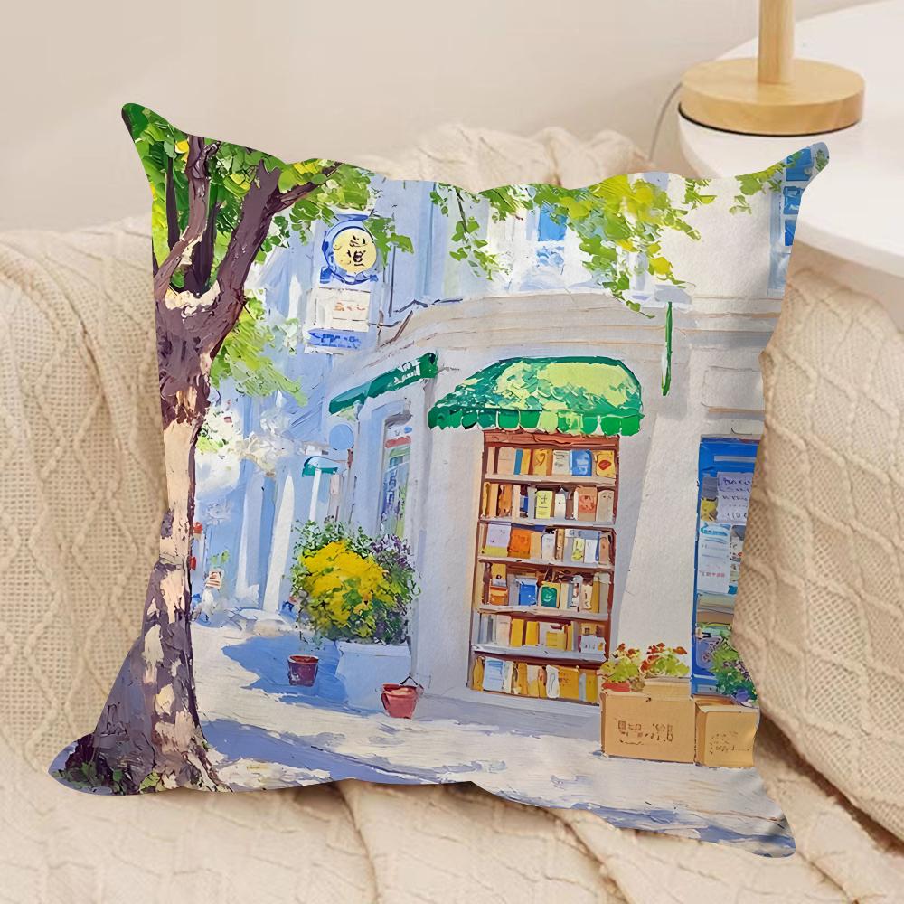 Street Leisure Oil Painting Cushion Cover Silky Short Plush Invisible Zipper Dustproof Sofa Pillow Case For Home Decor