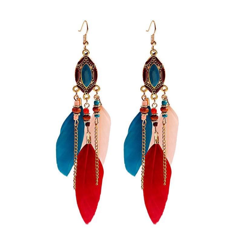 Ethnic Style Super Fairy Feather Earrings with No Piercings, Bohemian Style Long Style, High-end New Chinese Style Earrings Clips for Women