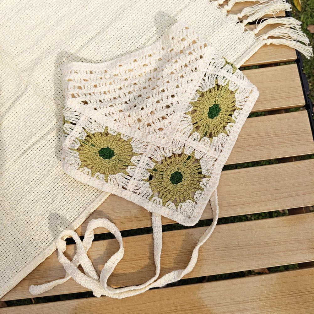 Retro Knitted Triangle Headband Handmade Crochet Hollow Floral Bandana French Sweet Hair Scarf Kerchief Korean Photo Headscarf