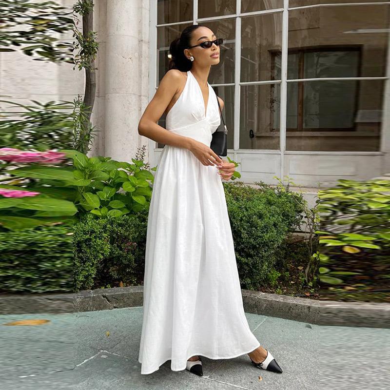 Bílé bavlněné halter šaty s výstřihem do V, sexy odhalená záda, dámské šněrovací A-line šaty, top v pase, velká sukně, módní plážové šaty na dovolenou, léto nové