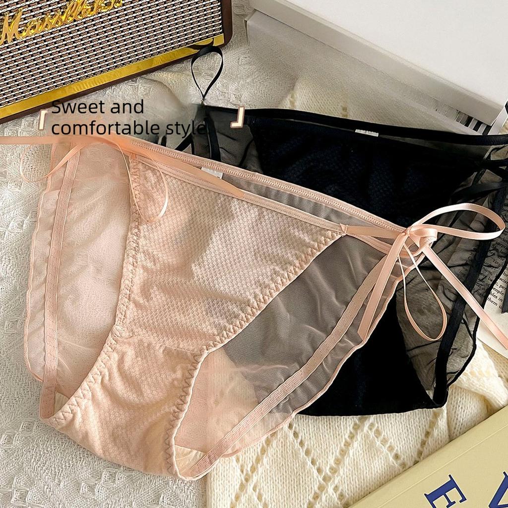 Ladies Summer Sweet Sexy Lace Mesh Binding Bow Antibacterial Crotch No Mark High Cross Triangle Briefs